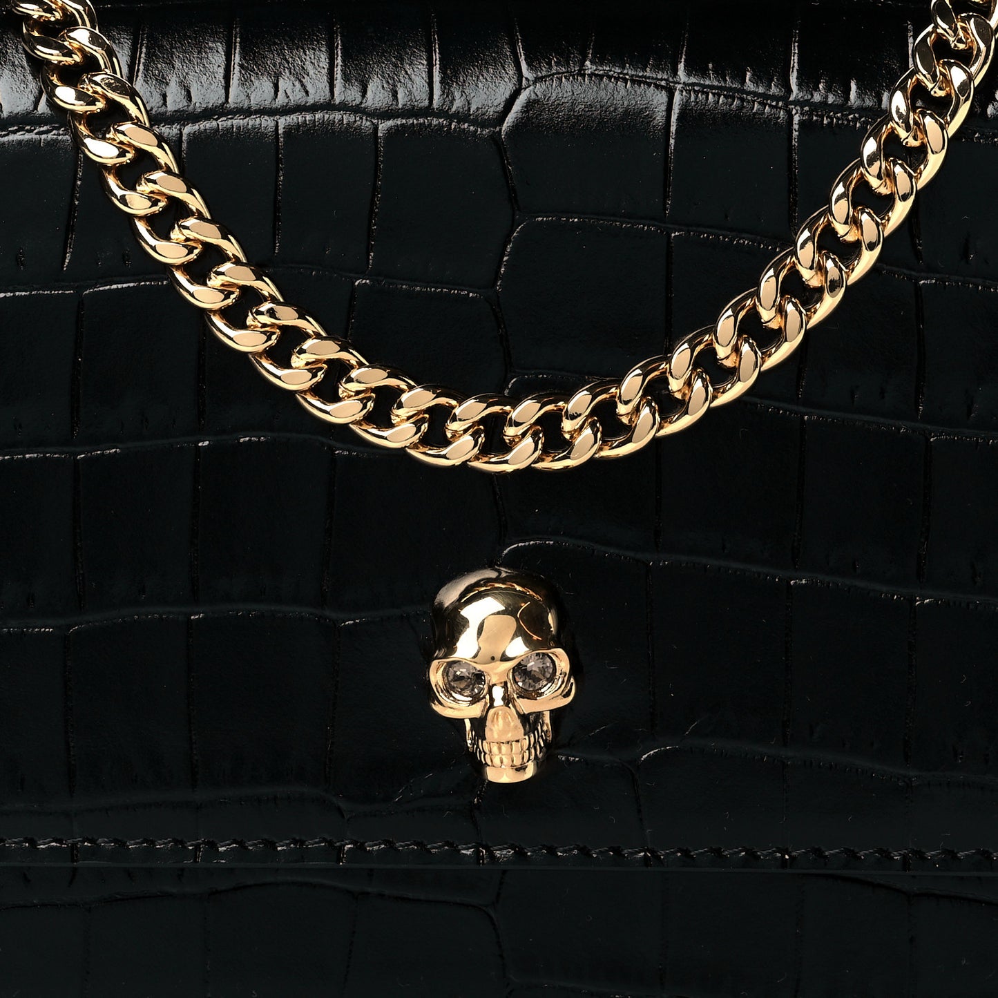 Calfskin Crocodile Embossed Skull Mini Crossbody Bag Black