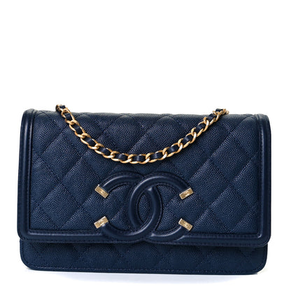 Chanel Caviar Quilted CC Filigree Wallet On Chain WOC Navy 1 of 8