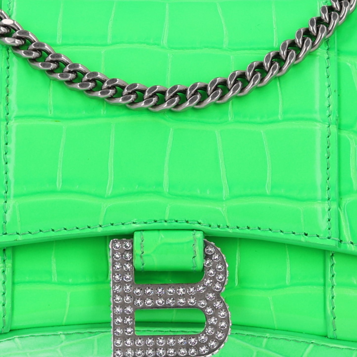 Shiny Calfskin Strass Crocodile Embossed Hourglass Chain Bag Fluo Green