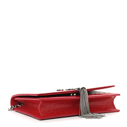 Saint Laurent Calfskin Crocodile Embossed Kate Monogram Tassel Chain Wallet Red 4 of 8