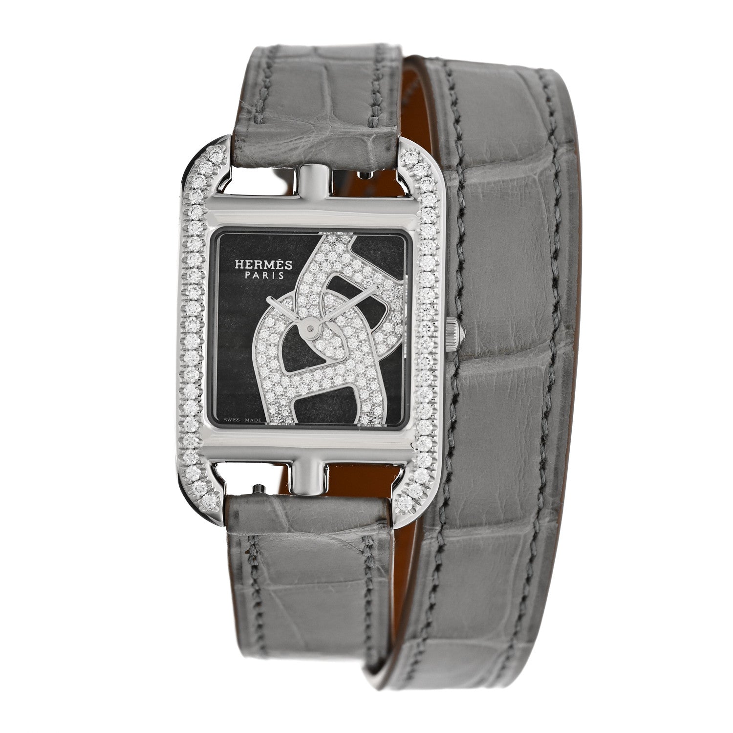 Hermes Stainless Steel Alligator Diamond Bezel 23mm Cape Cod Double Tour Chaine d'Ancre Joaillier Quartz Watch Gris Perle 1 of 5