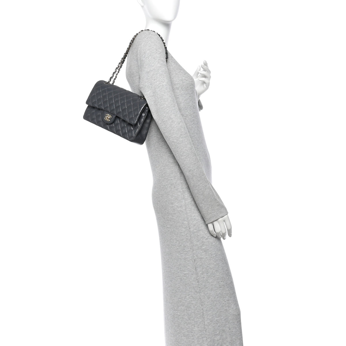 Caviar Quilted Medium Double Flap Dark Grey