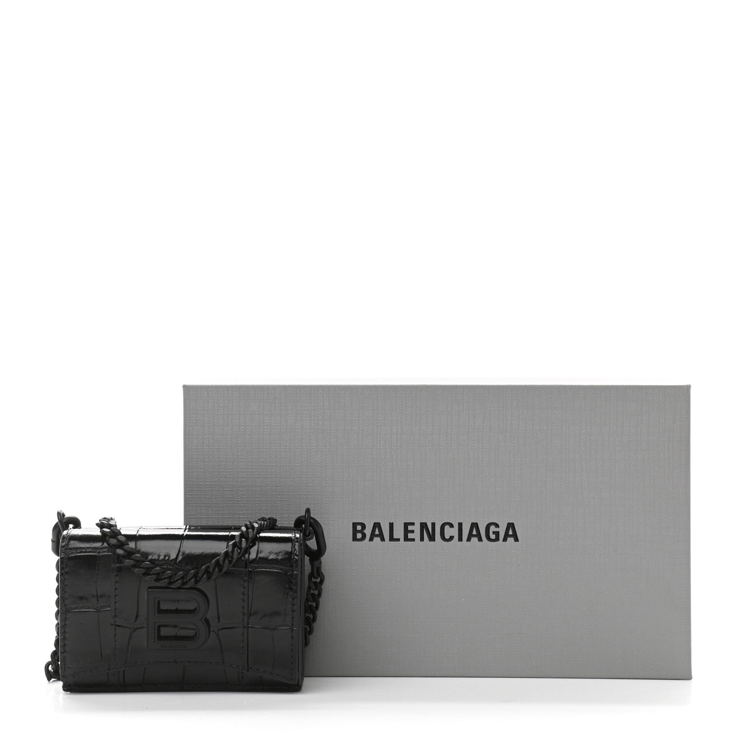 Balenciaga Shiny Calfskin Monochrome Crocodile Embossed Mini Hourglass Wallet on Chain Black 13 of 13