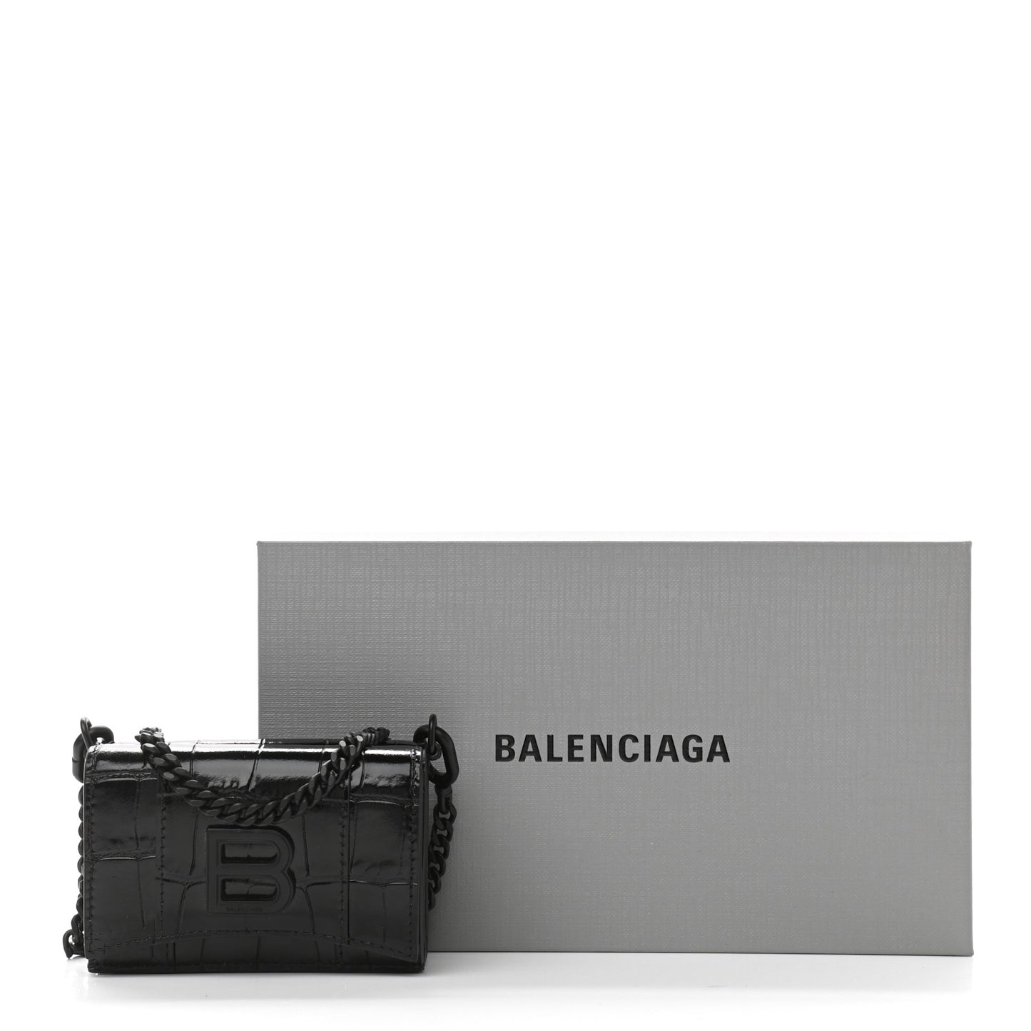 Shiny Calfskin Monochrome Crocodile Embossed Mini Hourglass Wallet on Chain Black