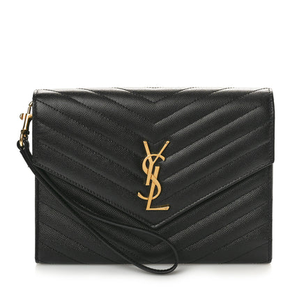 Saint Laurent Grain De Poudre Matelasse Chevron Monogram Envelope Clutch Black 1 of 10