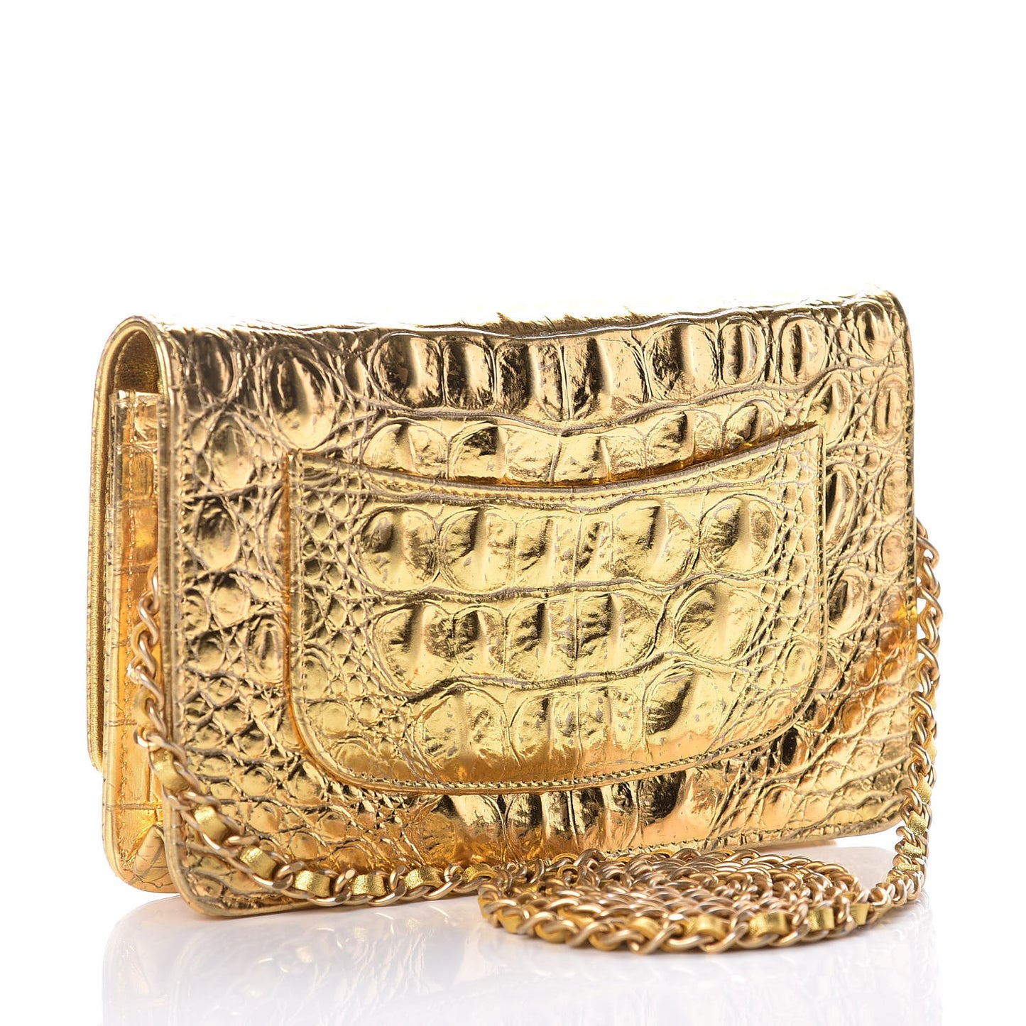 Metallic Calfskin Crocodile Embossed Cocodile Wallet On Chain WOC Gold