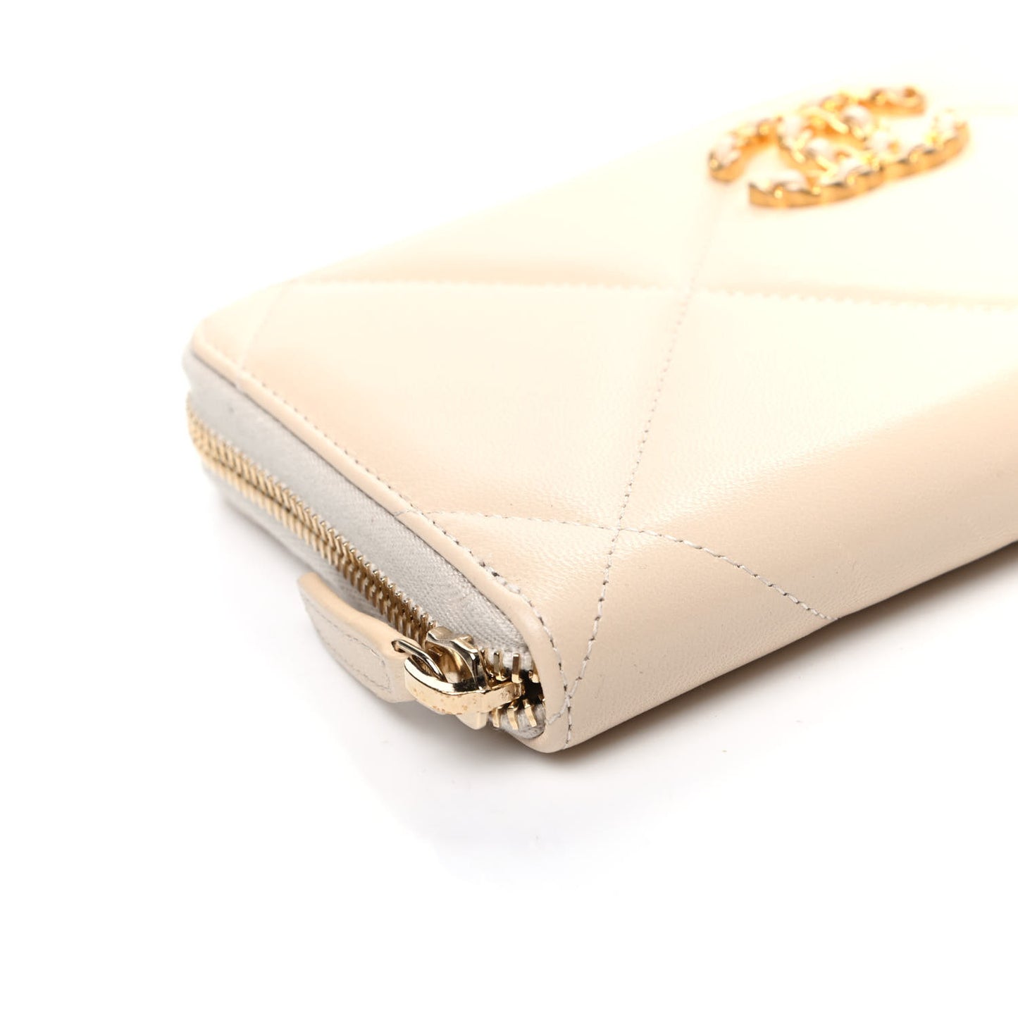 Shiny Goatskin Quilted 19 Long Zipped Around Wallet Beige