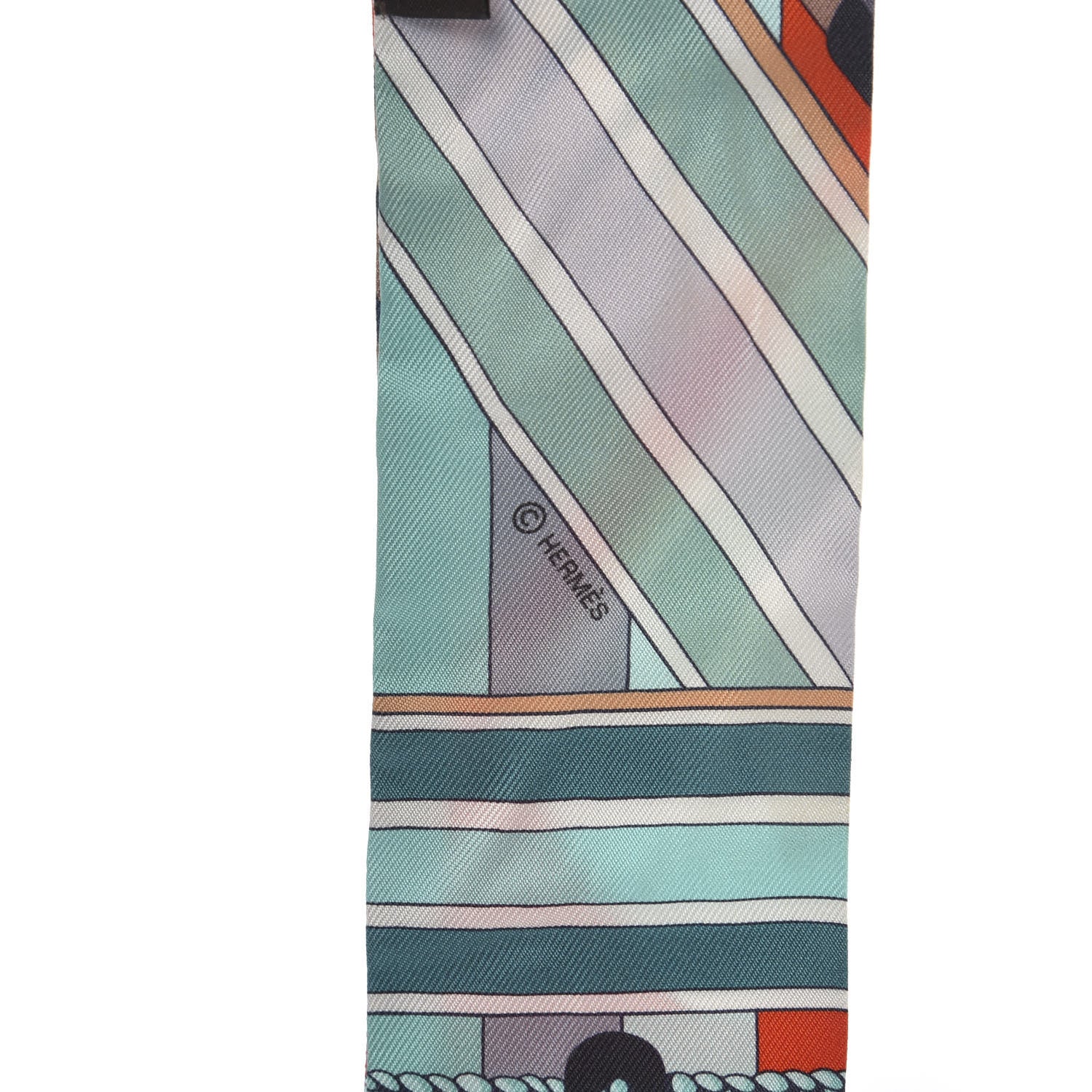 Hermes Silk Sangles En Zigzag Twilly Orange Turquoise Gris 3 of 5