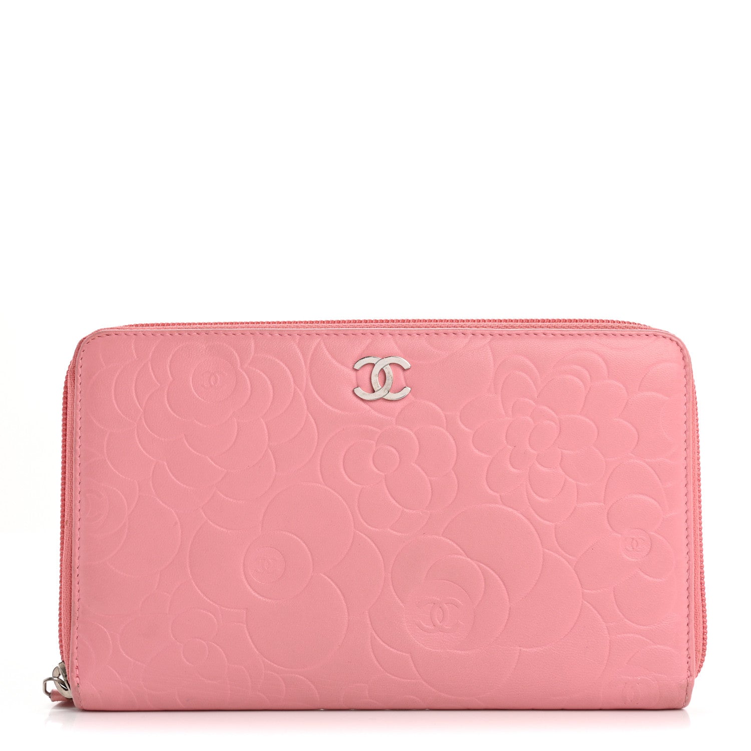 Chanel Lambskin Camellia Embossed Zip Around Organizer Wallet Pink 1 of 22
