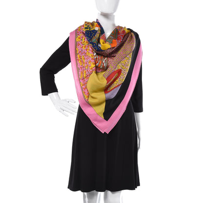 Hermes Cashmere Silk Travers Champs Shawl GM 140 Rose Vif Jaune Multi 2 of 7