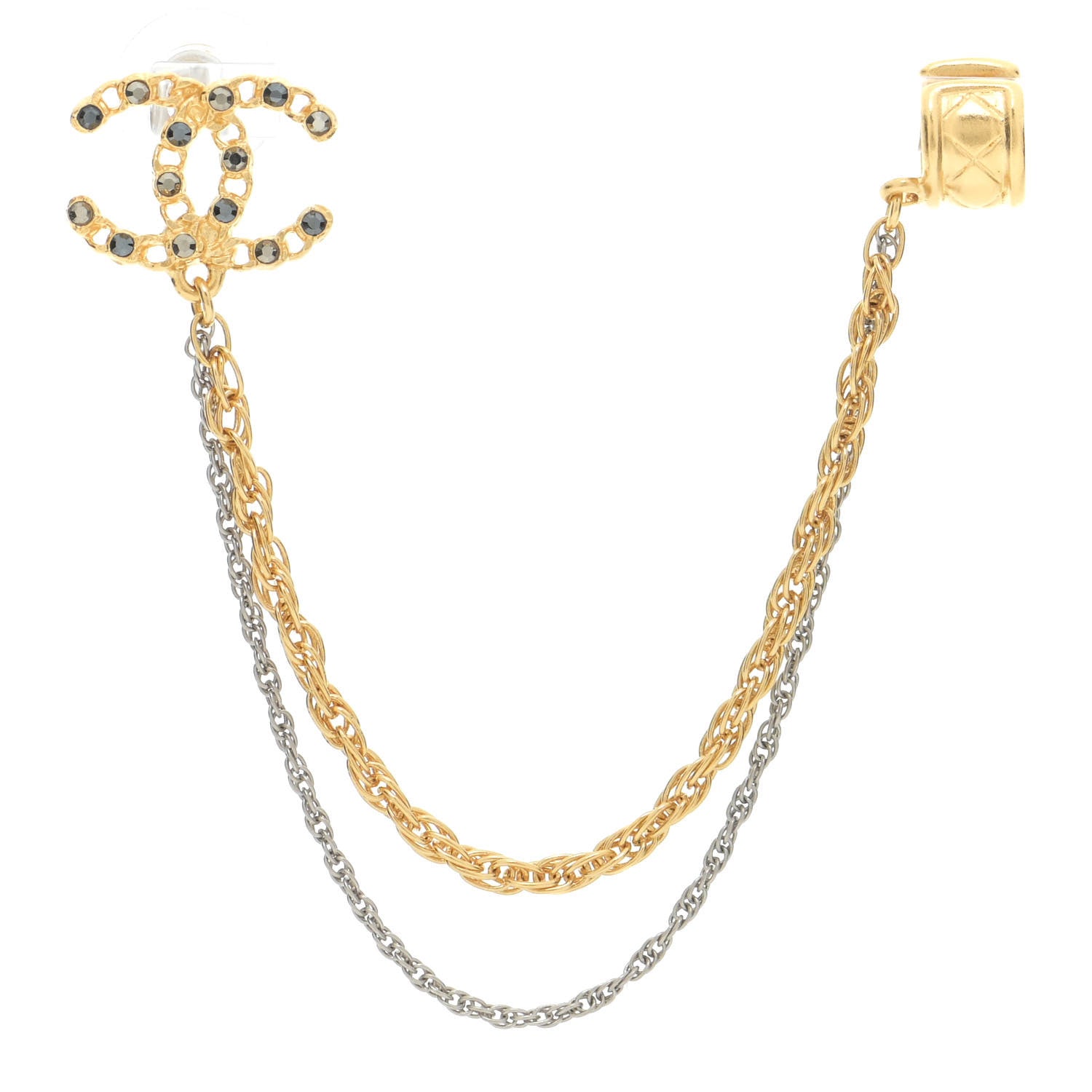 Chanel Crystal CC Chain Cuff Single Earring Gold Silver 1 of 6