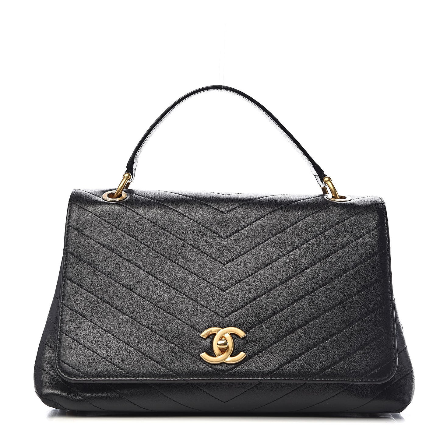 Grained Calfskin Elaphe Stitched Medium Chevron Chic Top Handle Flap Black