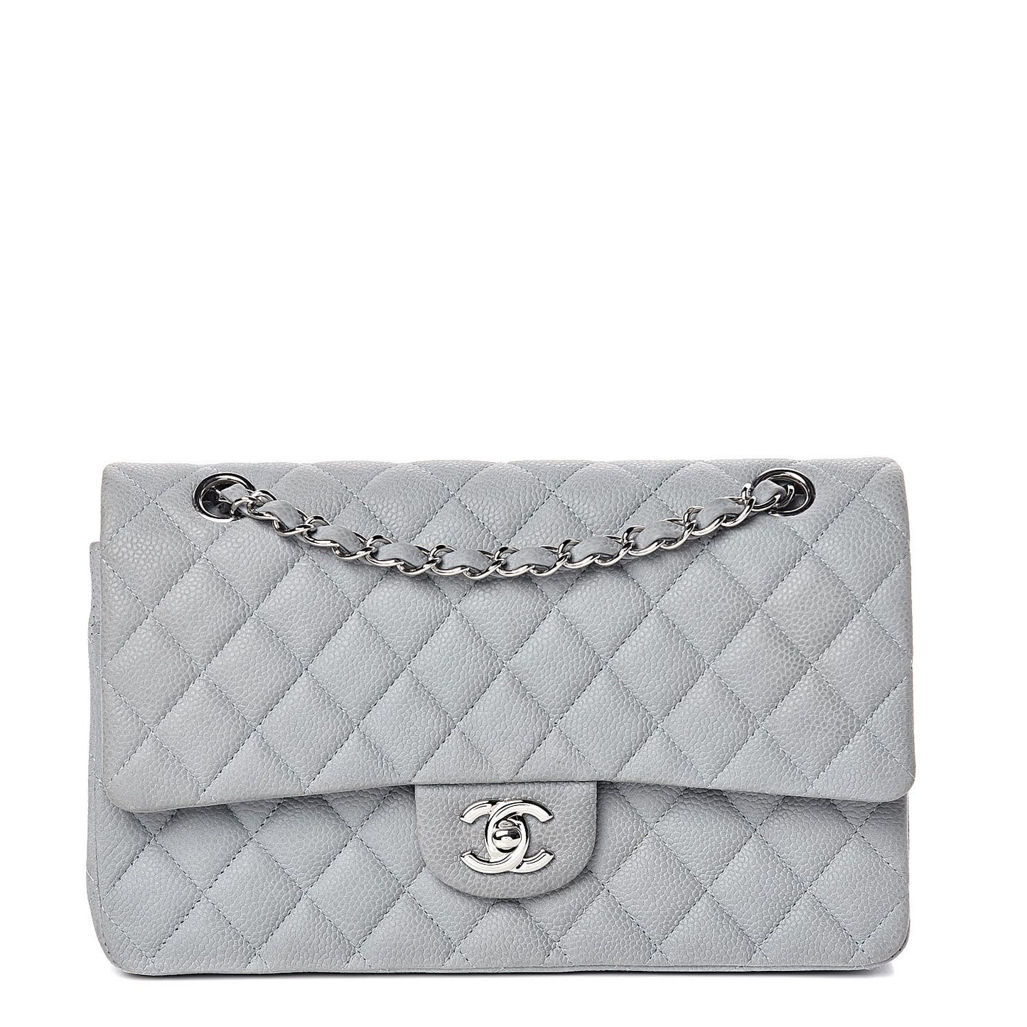 Iridescent Caviar Quilted Medium Double Flap Light Grey