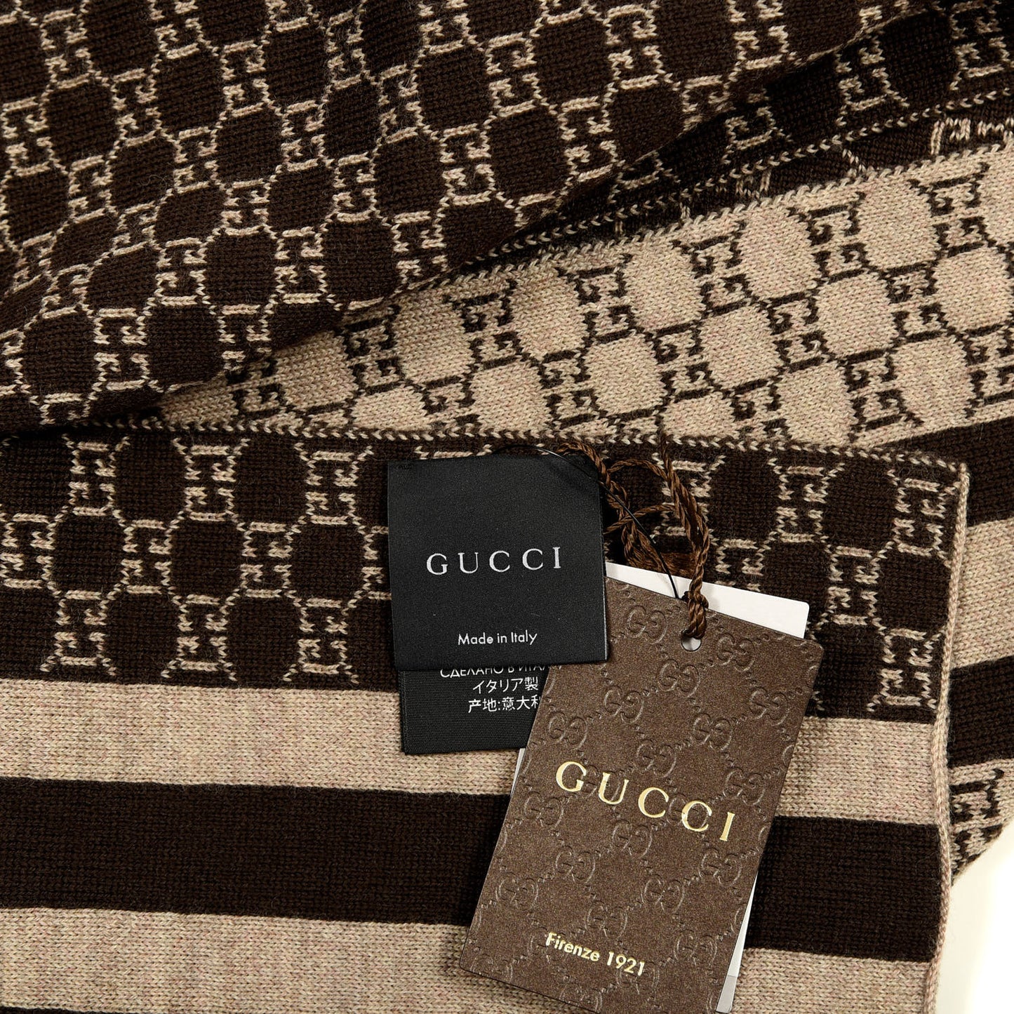 Wool Tricot GG Monogram Web New Lunicart Scarf Light Brown Dark Brown