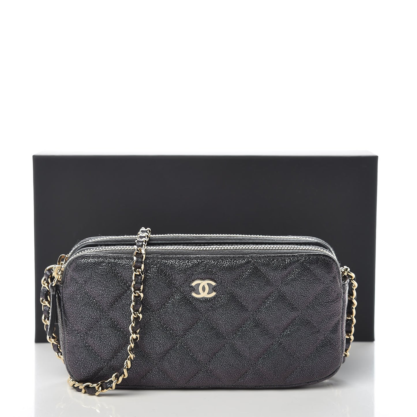 Iridescent Caviar Quilted Clutch With Chain Black