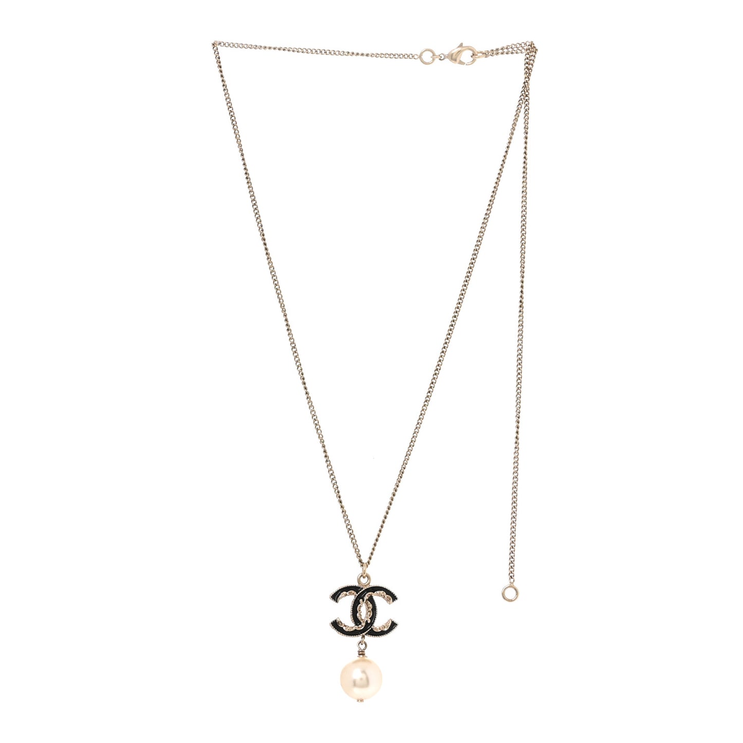 Enamel Pearl CC Baroque Drop Necklace Black Gold