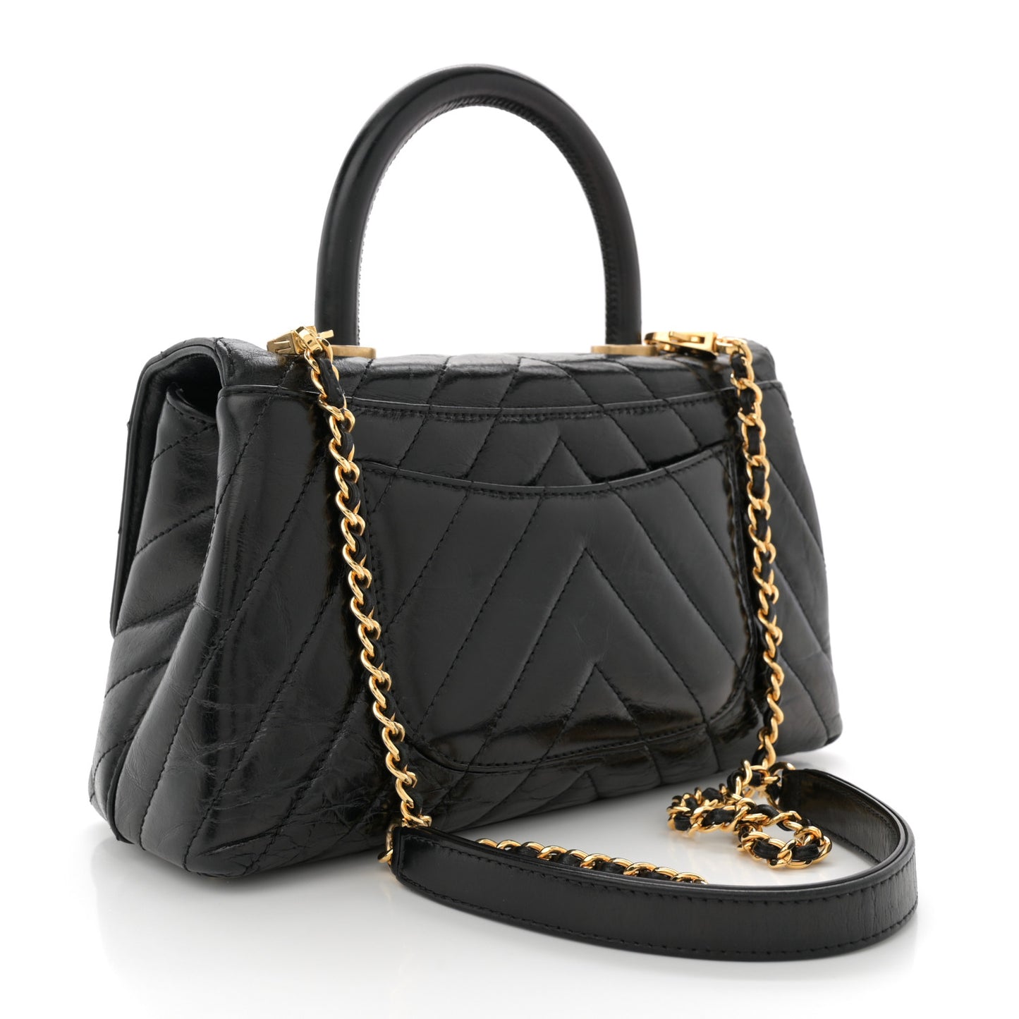 Aged Calfskin Chevron Quilted Mini Coco Handle Flap Black