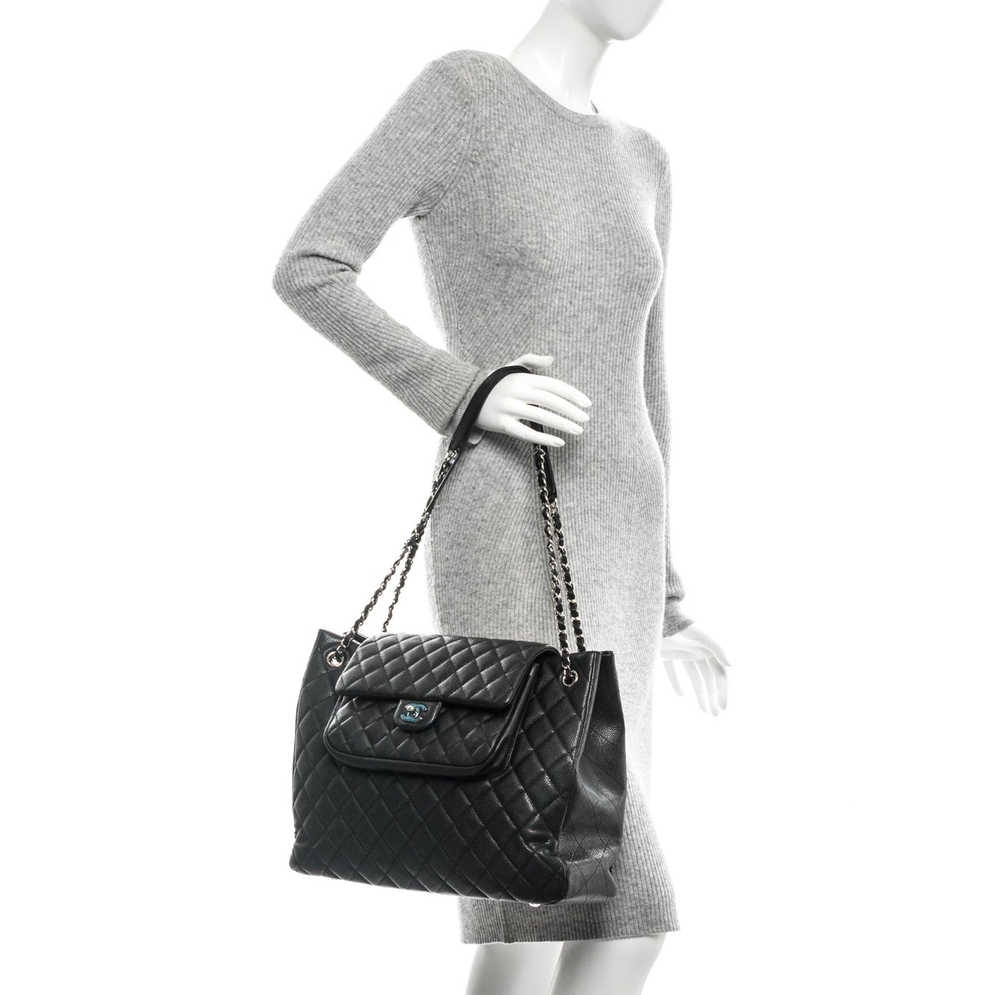 Caviar Quilted Flap Tote Black