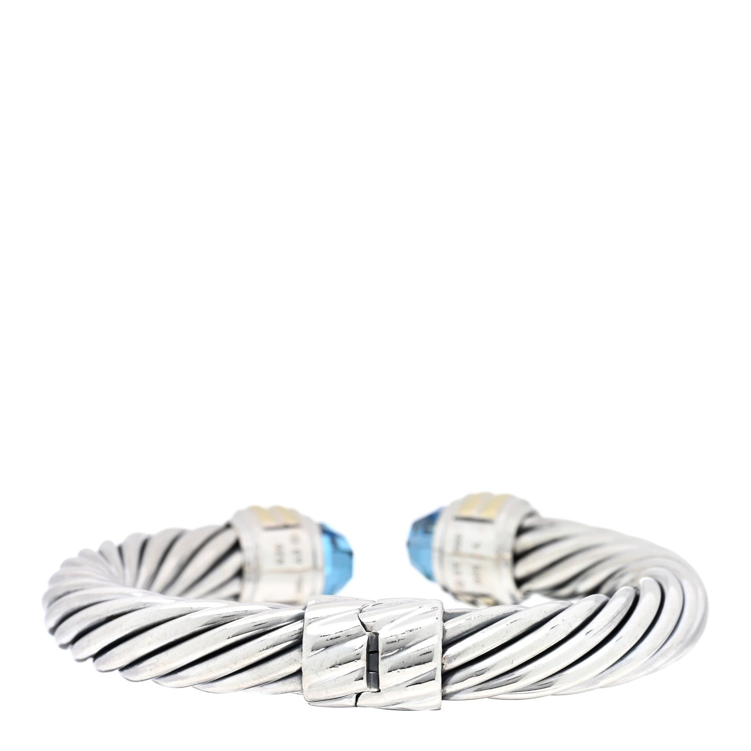 David Yurman Sterling Silver 14K Yellow Gold Blue Topaz 10mm Cable Classics Hinged Bracelet 2 of 3