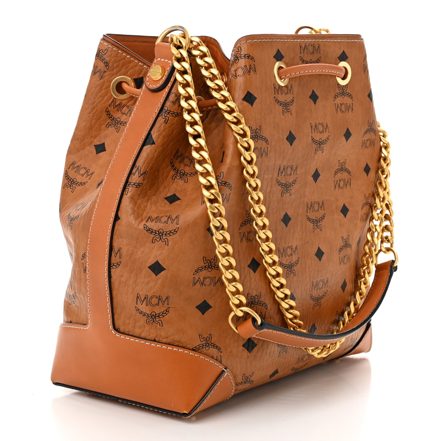 MCM Visetos Small Soft Berlin Drawstring Bucket Bag Cognac 3 of 10