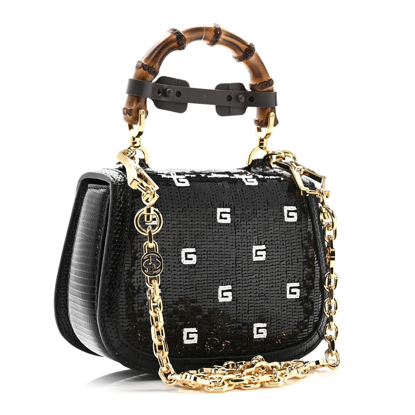 Sequin Lizard Embossed GG Mini Bamboo 1947 Top Handle Chain Bag Black White