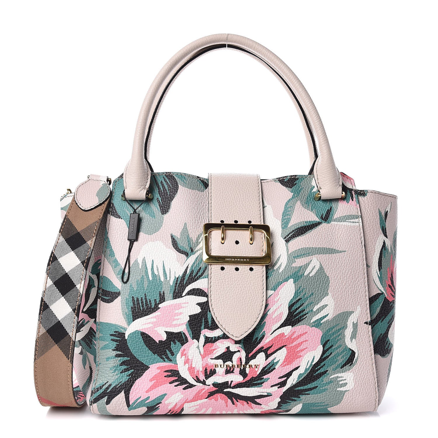 Burberry Soft Grain Calfskin Floral Print Medium Buckle Tote Natural Emerald Green 1 of 11