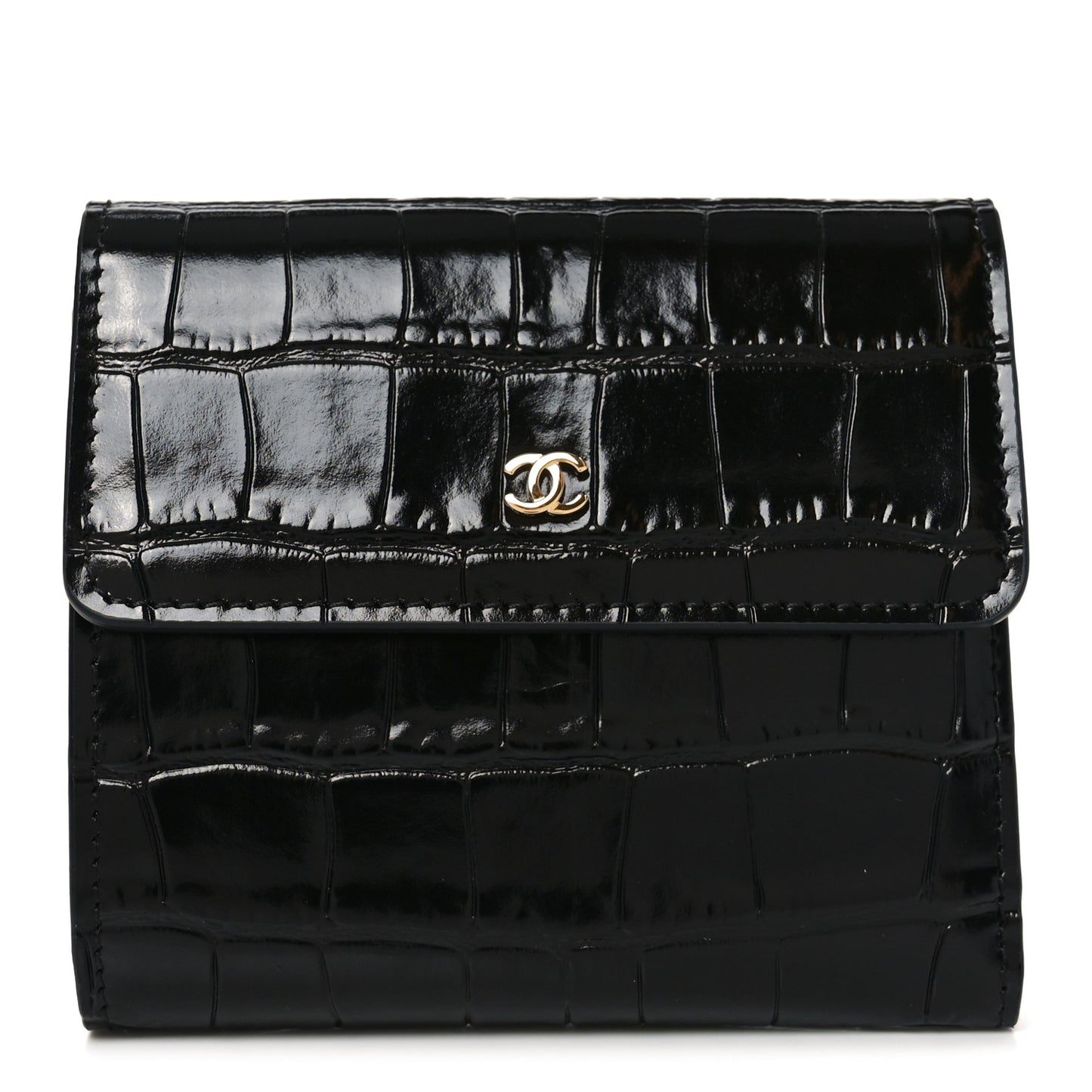 Calfskin Crocodile Embossed Crococo Flap Wallet Black