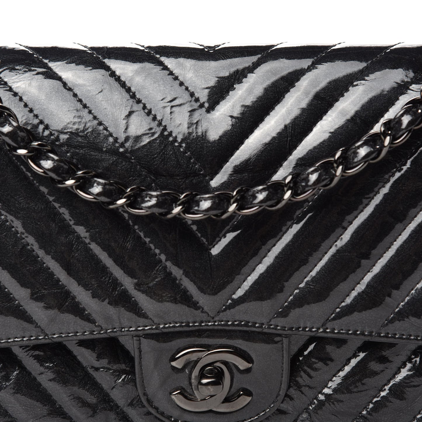 Metallic Patent Crumpled Calfskin Chevron Quilted Medium Double Flap So Black