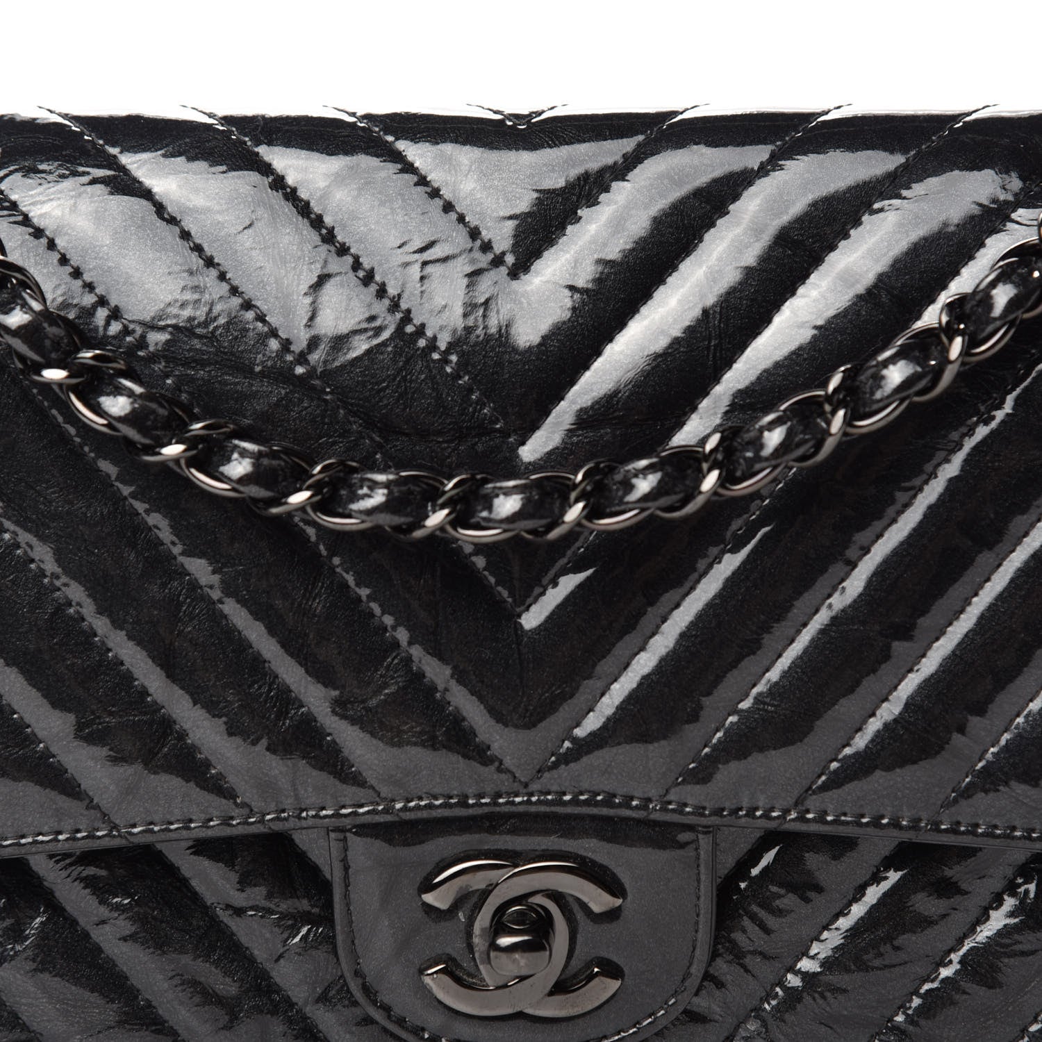 Chanel Metallic Patent Crumpled Calfskin Chevron Quilted Medium Double Flap So Black 13 of 13