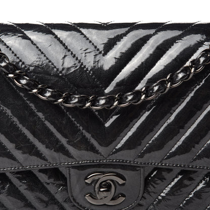 Chanel Metallic Patent Crumpled Calfskin Chevron Quilted Medium Double Flap So Black 13 of 13