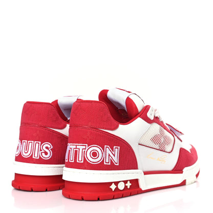 Louis Vuitton Calfskin Embossed Monogram Denim Mens LV Trainer Sneakers 9 Red 4 of 9