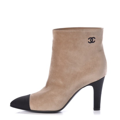 Chanel Suede Calfskin Satin Gabrielle Cap Toe Short Boots 38 Beige Black 1 of 12