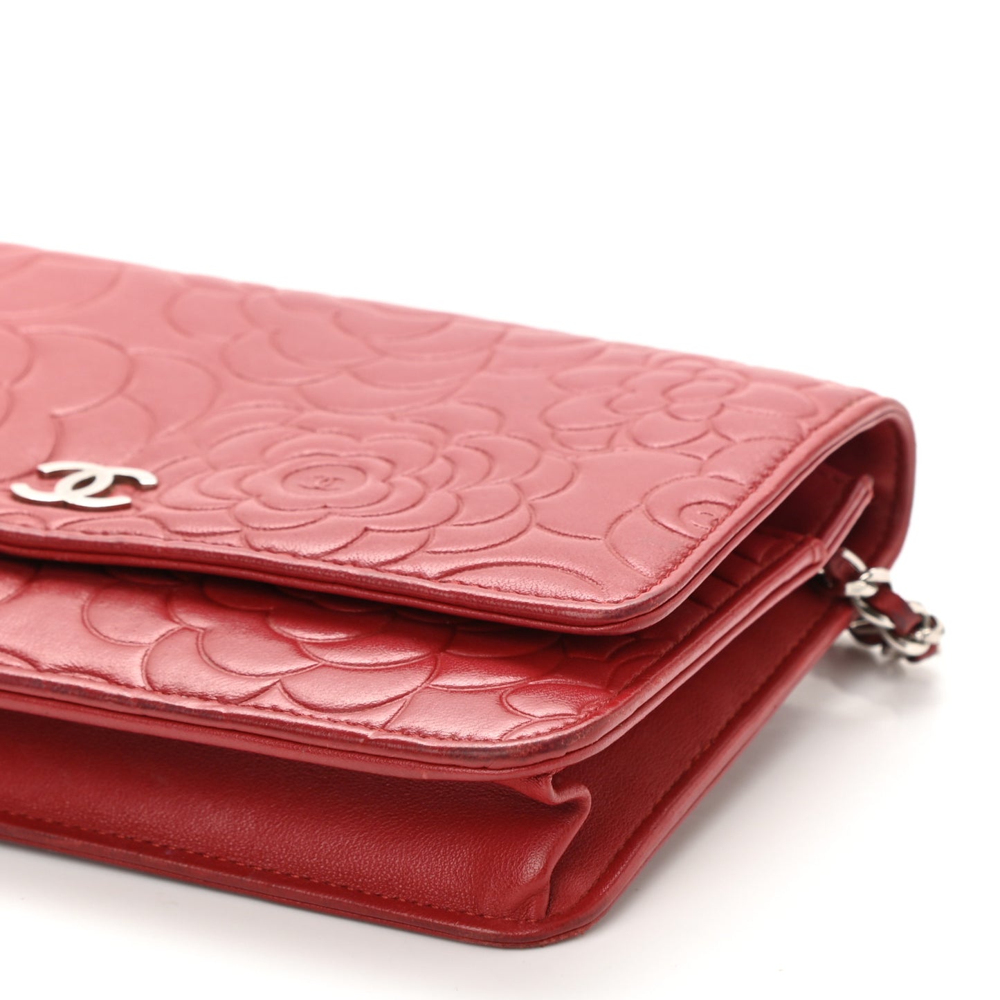 Lambskin Camellia Embossed Wallet On Chain WOC Red
