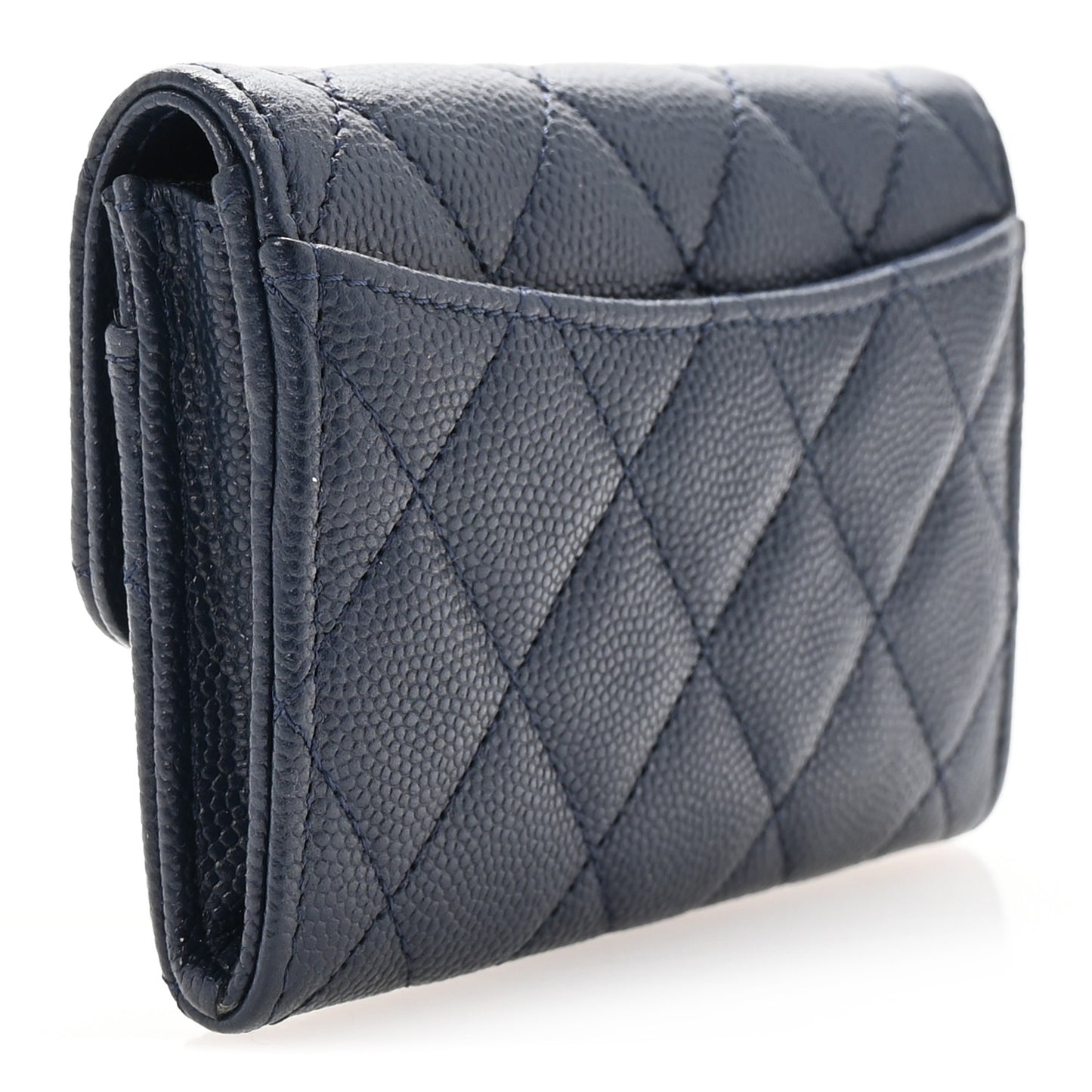 Caviar Quilted Flap Card Holder Wallet Navy Blue