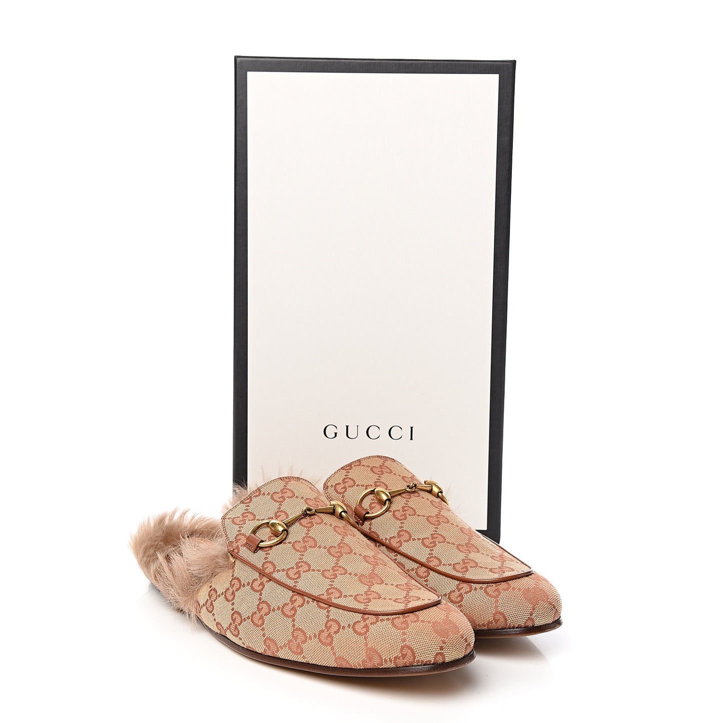GG Monogram Fur Mens Princetown Slippers 10 Beige Ruggine Rust