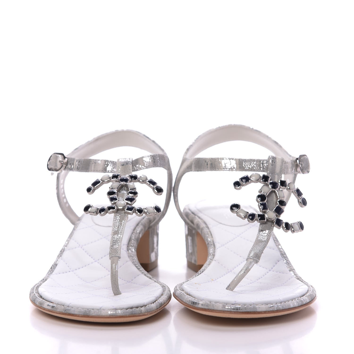 Chanel Laminated Suede Goatskin CC Thong Sandals 38 White Silver 2 of 10