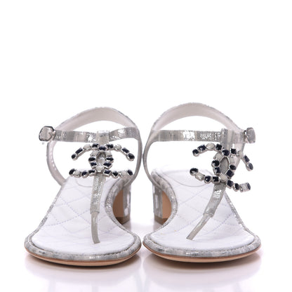 Chanel Laminated Suede Goatskin CC Thong Sandals 38 White Silver 2 of 10