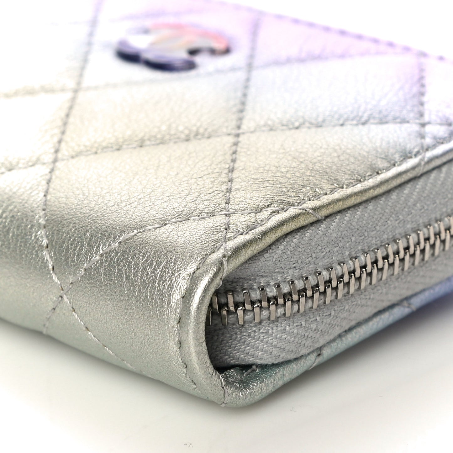 Gradient Metallic Calfskin Quilted Zip Around Coin Purse Wallet Silver Blue Yellow Purple