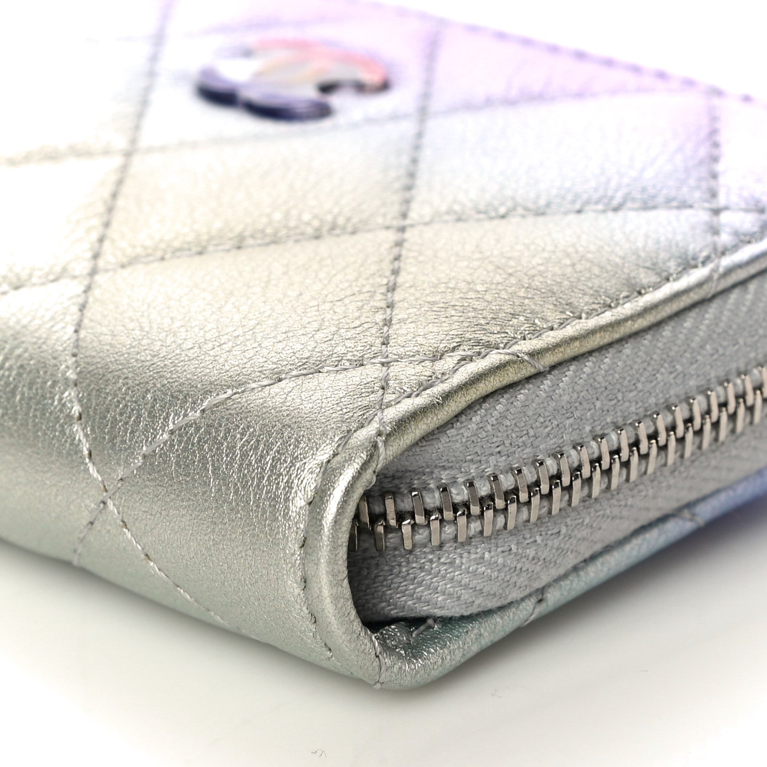 Chanel Gradient Metallic Calfskin Quilted Zip Around Coin Purse Wallet Silver Blue Yellow Purple 10 of 11