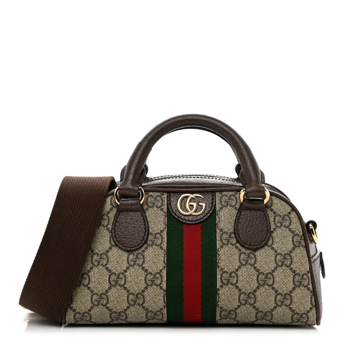 GG Supreme Monogram Textured Dollar Calfskin Web Mini Ophidia Top Handle Bowler Bag Beige Ebony New Acero