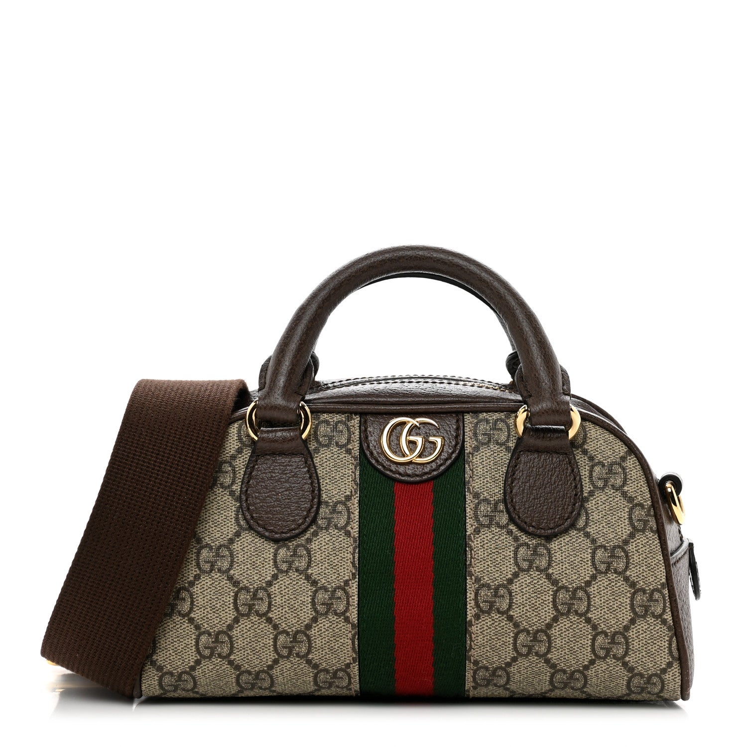 Gucci GG Supreme Monogram Textured Dollar Calfskin Web Mini Ophidia Top Handle Bowler Bag Beige Ebony New Acero 1 of 8