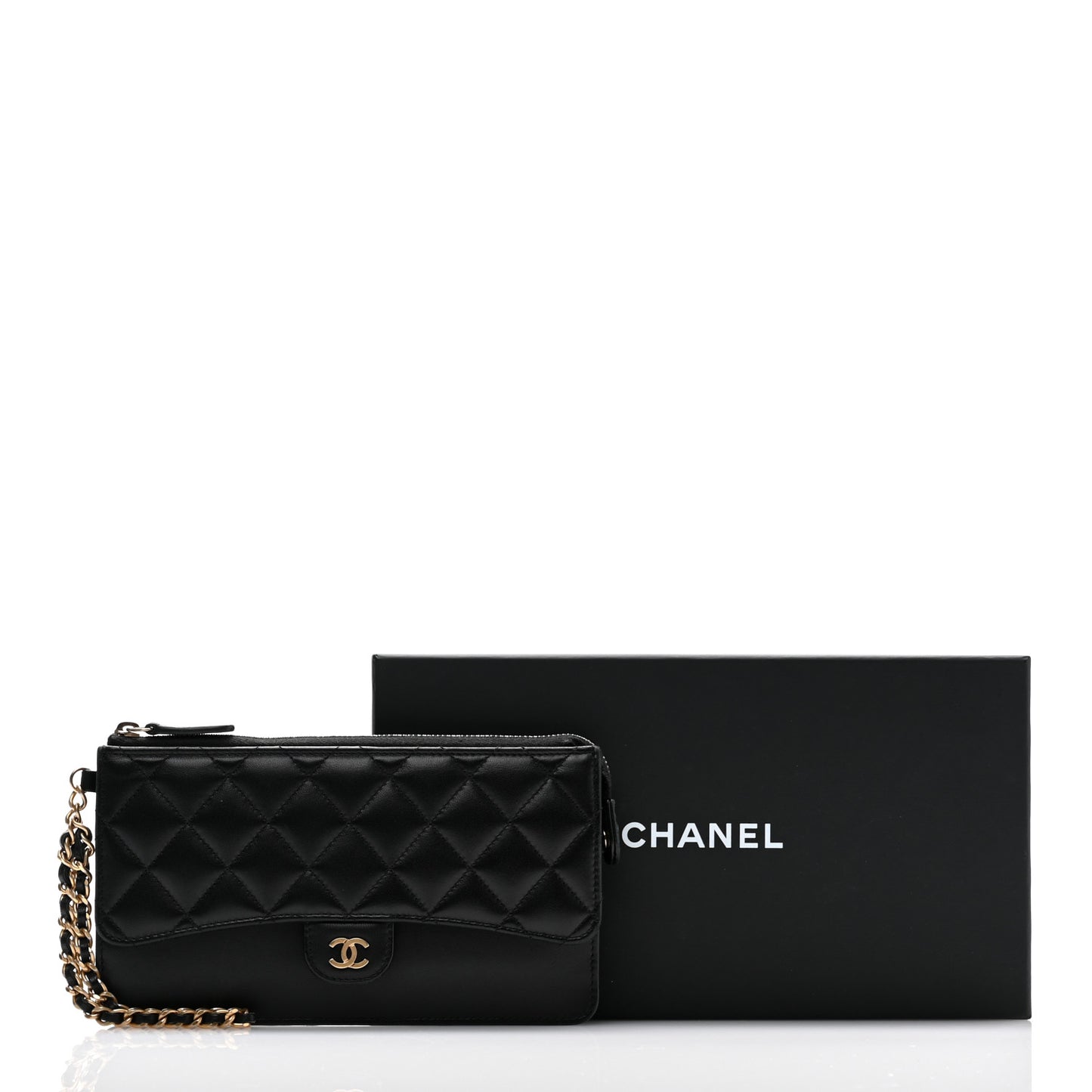 Lambskin Quilted Classic Pouch With Handle Black