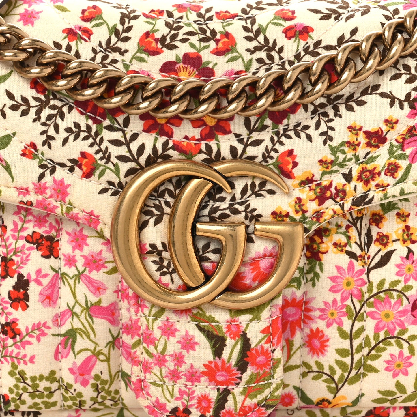 Cotton Calfskin Matelasse Floral Print Small GG Marmont Shoulder Bag Ivory Pink