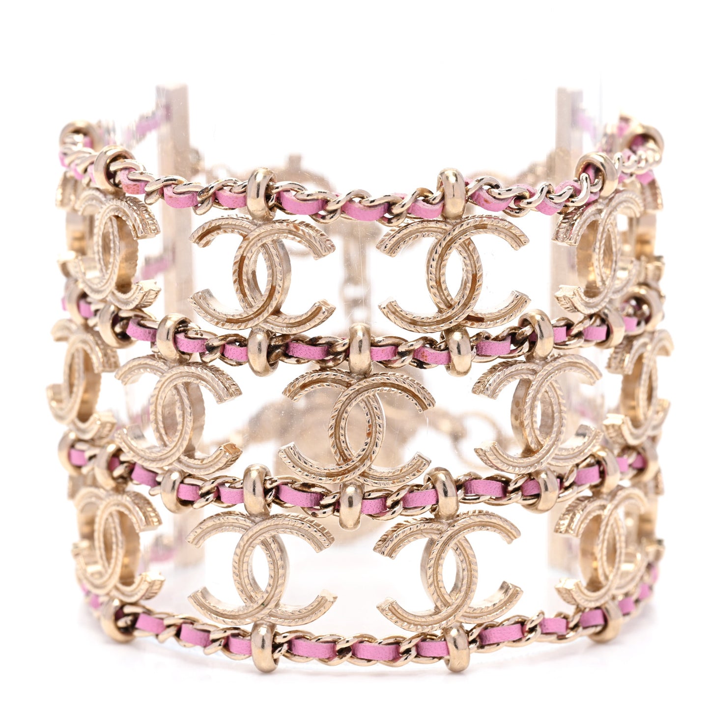 Metal Lambskin CC Chain Link Bracelet Gold Pink