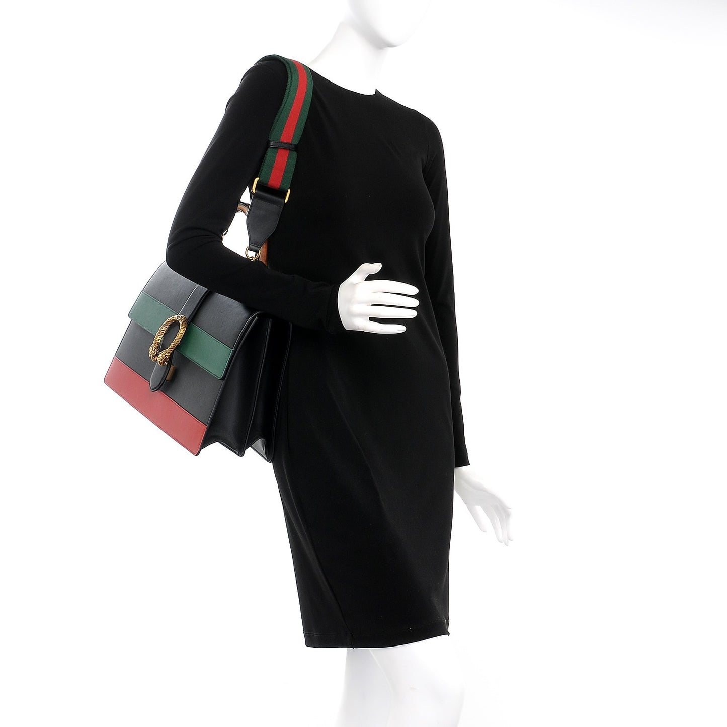 Calfskin Bamboo Web Large Dionysus Top Handle Bag Black Bright Evergreen Hibiscus Red