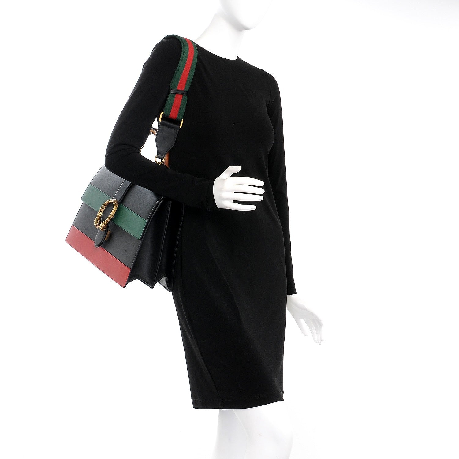 Gucci Calfskin Bamboo Web Large Dionysus Top Handle Bag Black Bright Evergreen Hibiscus Red 2 of 11
