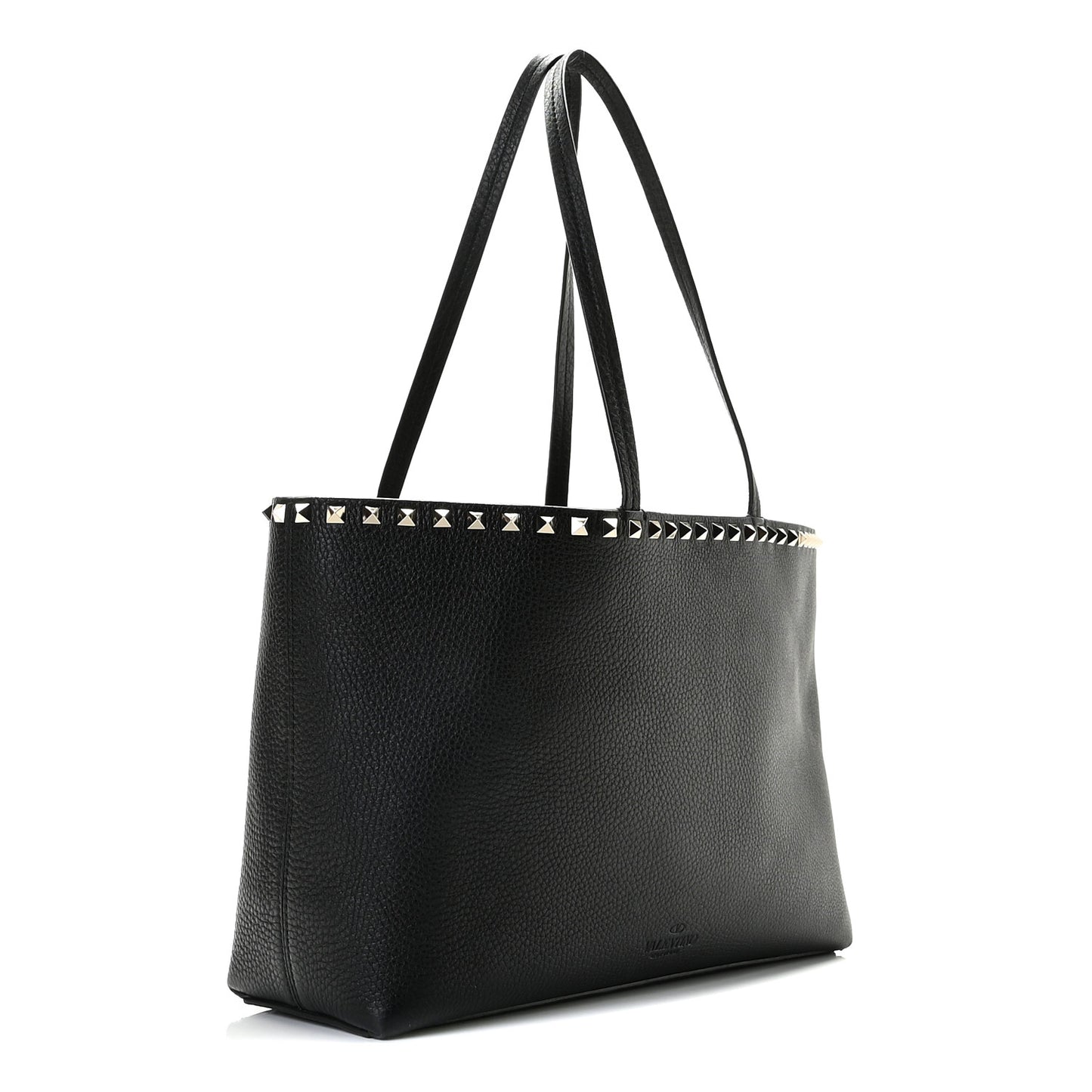 Grained Calfskin Small Rockstud Shoulder Tote Black
