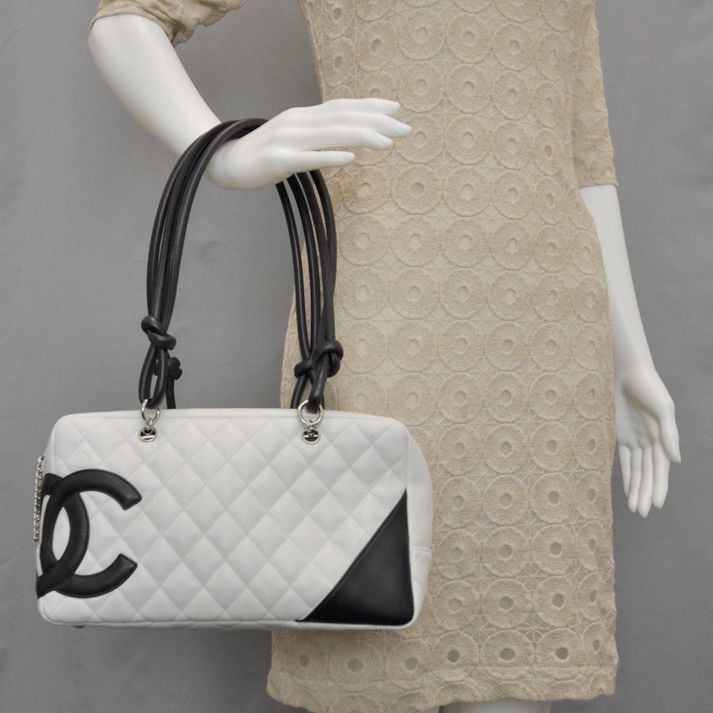 Calfskin Quilted Large Cambon Bowler White Black