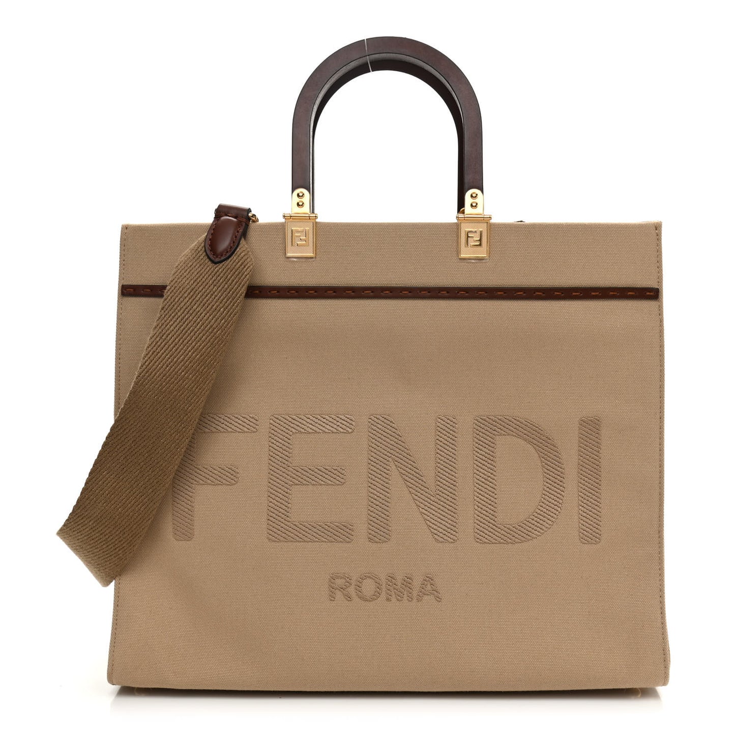 Canvas Vitello King Logo Embroidered Medium Fendi Sunshine Shopper Tote Sand Ghianda