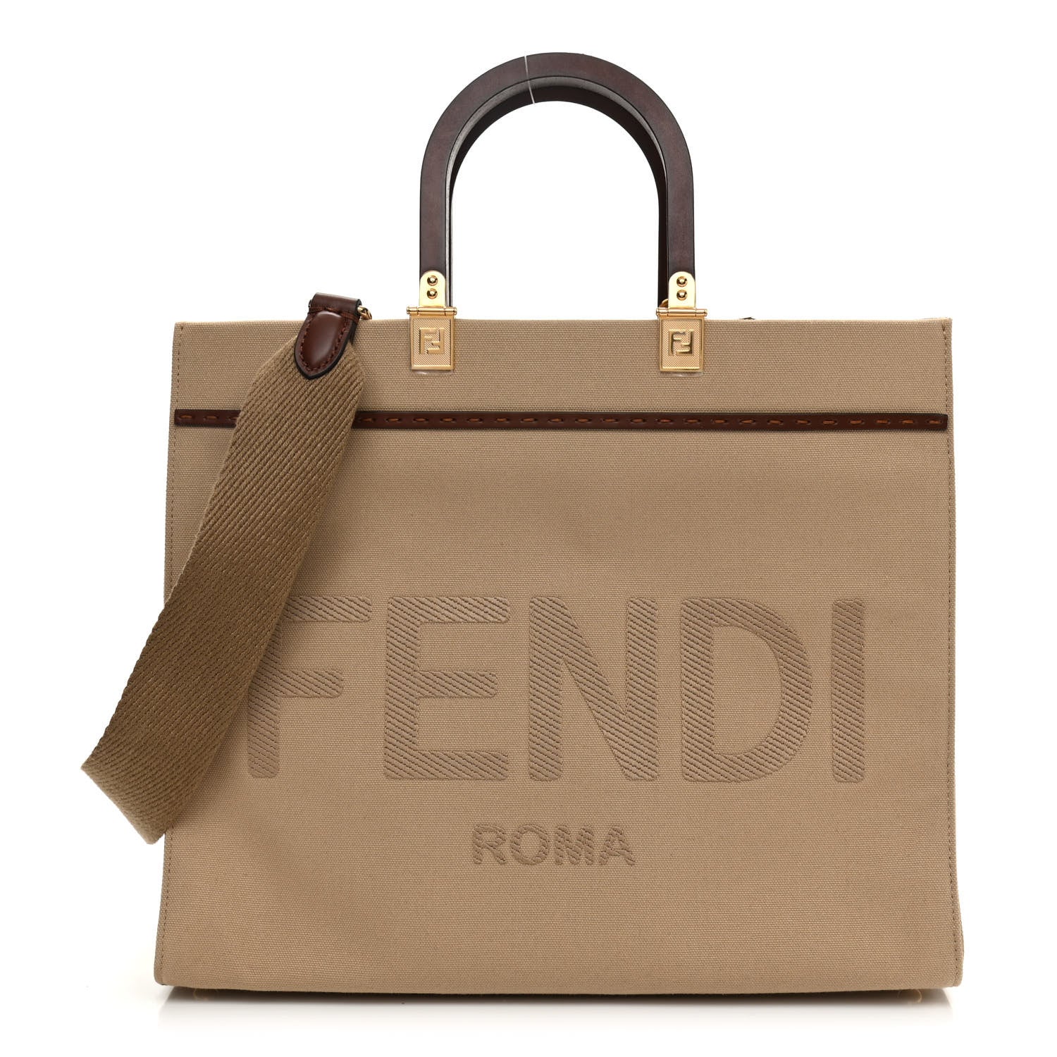 Fendi Canvas Vitello King Logo Embroidered Medium Fendi Sunshine Shopper Tote Sand Ghianda 1 of 8